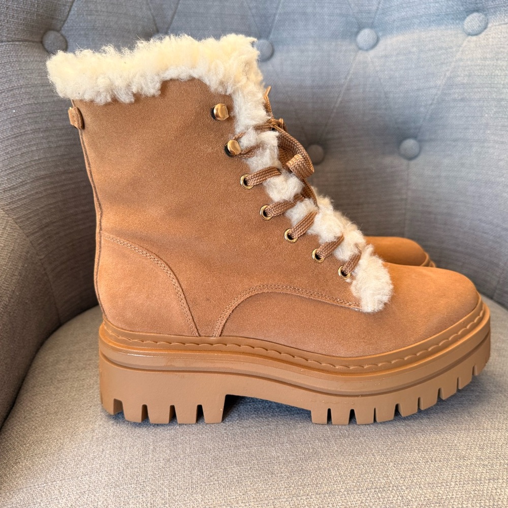 Sam Edelman Suede Kyler Leather Caramel Women's Boots with Faux Fur Lining Lug